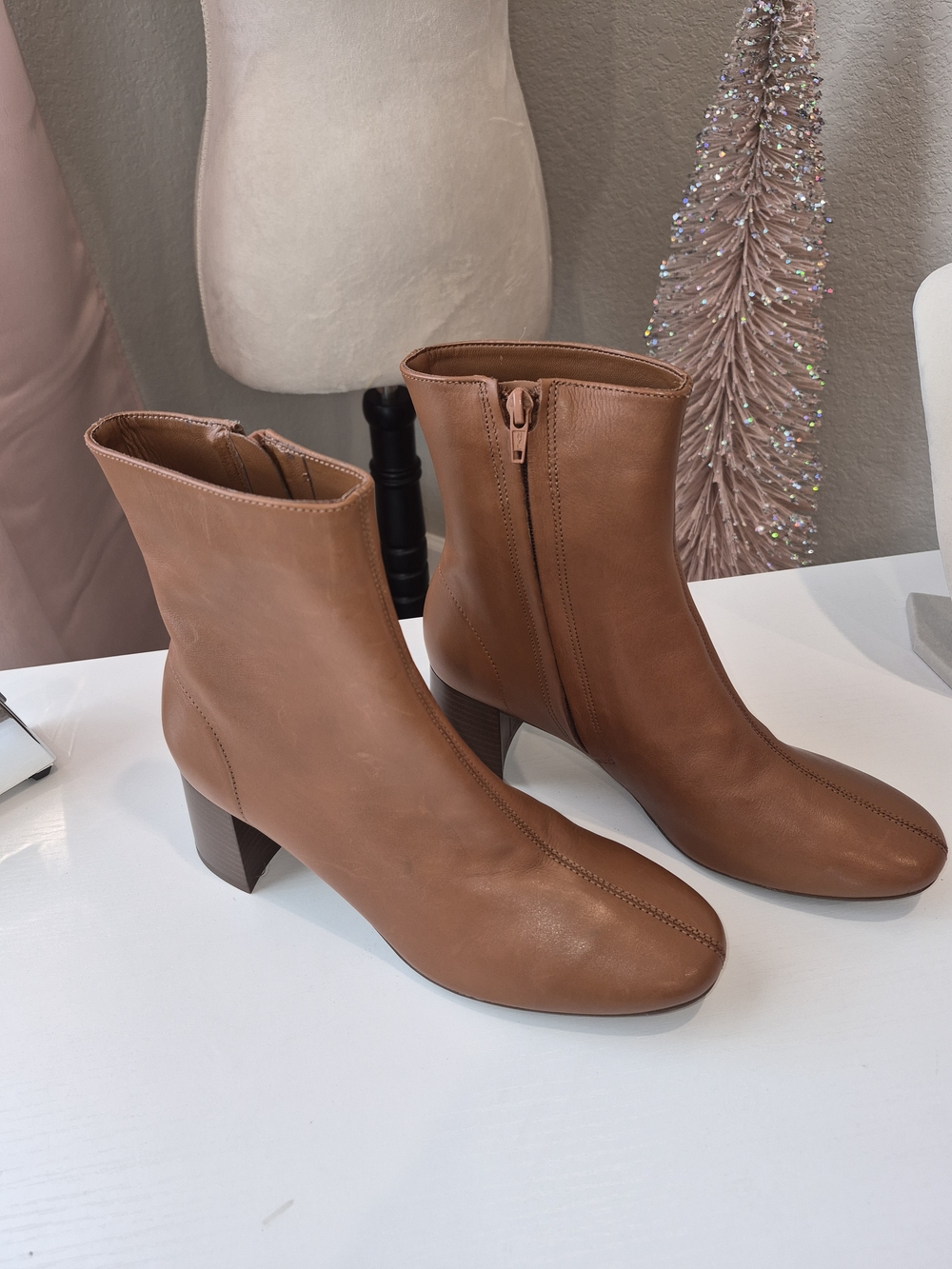 Women's Tan Leather Mid-Block Heel Ankle Booties